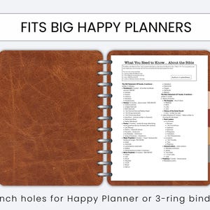 May include: A brown leather-look planner insert with a silver spiral binding. The insert is open, revealing a printed page with the title "What You Need to Know... About the Bible." Text at the top reads "FITS BIG HAPPY PLANNERS".