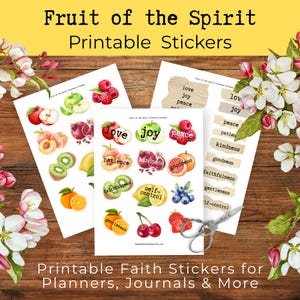 Pegatinas imprimibles del Fruto del Espíritu, pegatinas de fe cristiana, kit de diario bíblico, pegatinas de las Escrituras, planificador de diario de fe en PDF
