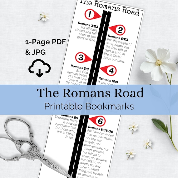 Romans Road Bookmark Printable, Christian Scripture Card Bible Study Resource Gospel Tract for Outreach Digital Instant Download PDF JPG