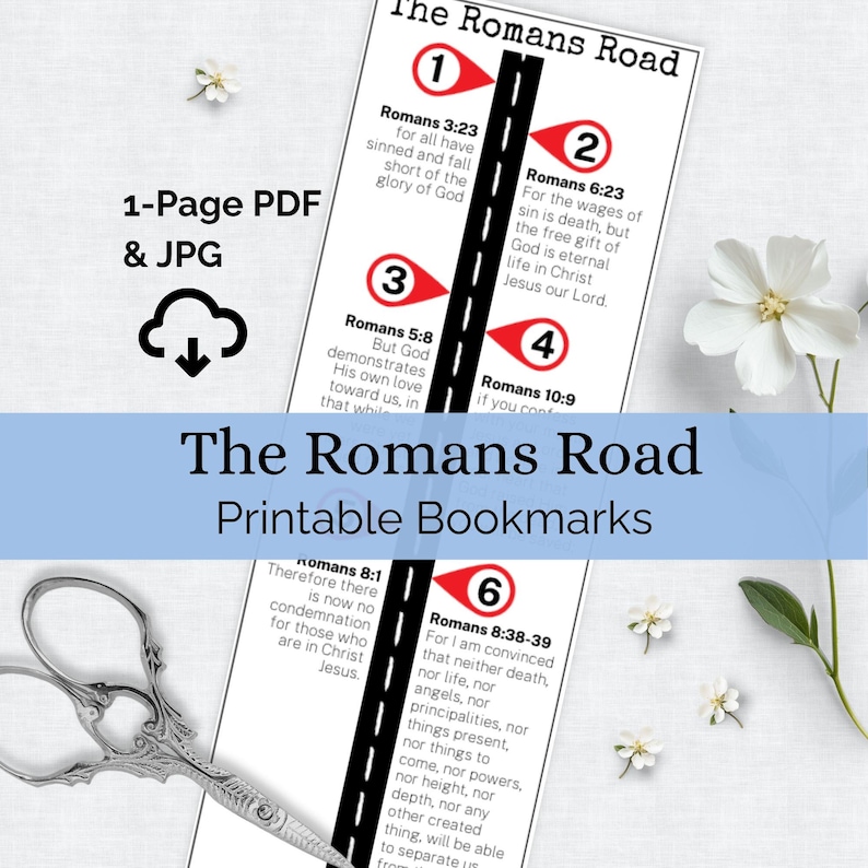 Puede incluir: Marcadores imprimibles titulados "The Romans Road" con un dise&ntilde;o de carretera y vers&iacute;culos b&iacute;blicos. Los marcadores son blancos con texto negro y un gr&aacute;fico de carretera negro. La imagen tambi&eacute;n incluye el texto "1-Page PDF & JPG".