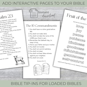 May include: Three white printable pages featuring religious text and illustrations. The left page displays Psalm 23 with a lamb graphic. The center page lists The 10 Commandments with stone tablet icons. The right page lists the Fruit of the Spirit.