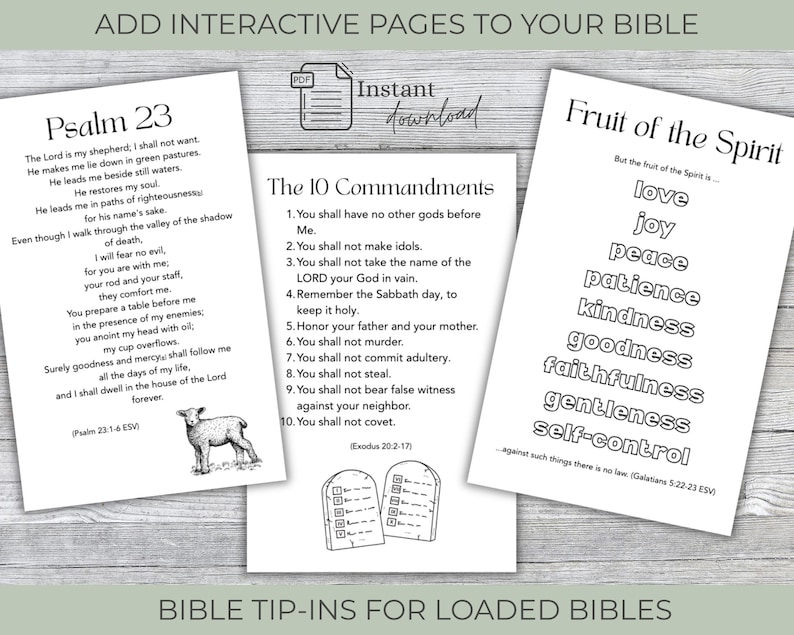 May include: Three white printable pages featuring religious text and illustrations. The left page displays Psalm 23 with a lamb graphic. The center page lists The 10 Commandments with stone tablet icons. The right page lists the Fruit of the Spirit.