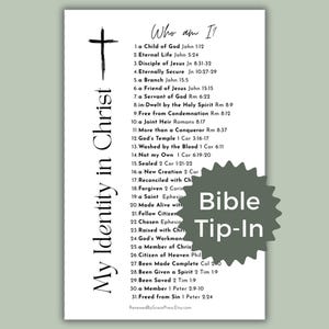 May include: A white rectangular card featuring the black text My Identity in Christ and Who Am I followed by a numbered list of thirty-one religious statements with Bible references. A black cross icon appears at the top left. A gray starburst label reads Bible Tip-In.