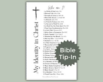 May include: A white rectangular card featuring the black text My Identity in Christ and Who Am I followed by a numbered list of thirty-one religious statements with Bible references. A black cross icon appears at the top left. A gray starburst label reads Bible Tip-In.