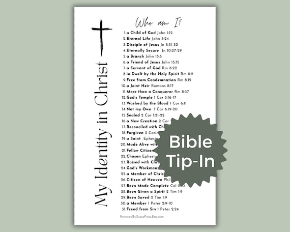 Identity in Christ Bible Tip In Printable | Who Am I in Christ Verses | Christian Women Bible Study | Loaded Bible Insert | Scripture List