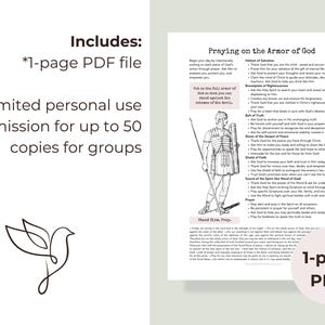 May include: A white PDF document titled "Praying on the Armor of God" with a black and white illustration of a Roman soldier. The document includes a list of prayers and instructions. The document is a 1-page PDF file.