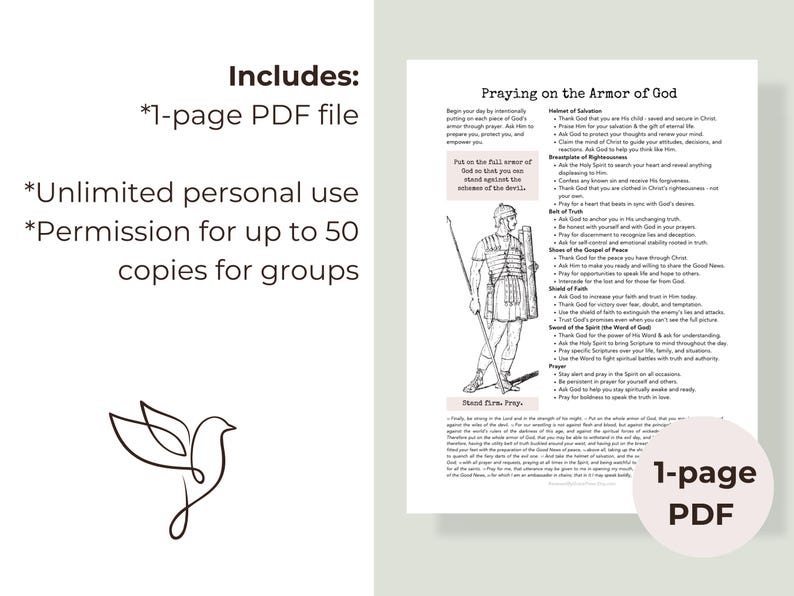 May include: A white PDF document titled "Praying on the Armor of God" with a black and white illustration of a Roman soldier. The document includes a list of prayers and instructions. The document is a 1-page PDF file.