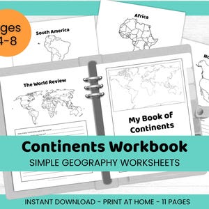 Op de afbeelding: Een werkboek over continenten voor kinderen van 4-8 jaar, getiteld "Continents Workbook". De pagina's bevatten contouren van continenten en de tekst "My Book of Continents". De kaft zit in een grijze ringband.