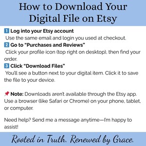 Puede incluir: Una gu&iacute;a titulada "C&oacute;mo descargar tu archivo digital en Etsy" con pasos numerados. Las instrucciones incluyen iniciar sesi&oacute;n en tu cuenta de Etsy, ir a Compras y rese&ntilde;as y hacer clic en Descargar archivos. La nota indica que las descargas no est&aacute;n disponibles a trav&eacute;s de la aplicaci&oacute;n de Etsy.
