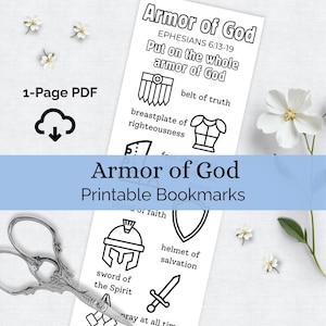 Könnte beinhalten: Schwarz-weiße, bedruckbare Lesezeichen mit dem Text "Armor of God" und Illustrationen von Rüstungsteilen. Die Lesezeichen enthalten den Text "Epheser 6:13-19" und "Zieht die ganze Waffenrüstung Gottes an."