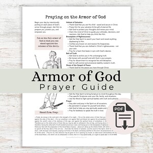 May include: A printable "Armor of God Prayer Guide" in black text on white paper. The guide includes text about prayer and the armor of God, with illustrations of a soldier. A PDF icon is in the lower right.
