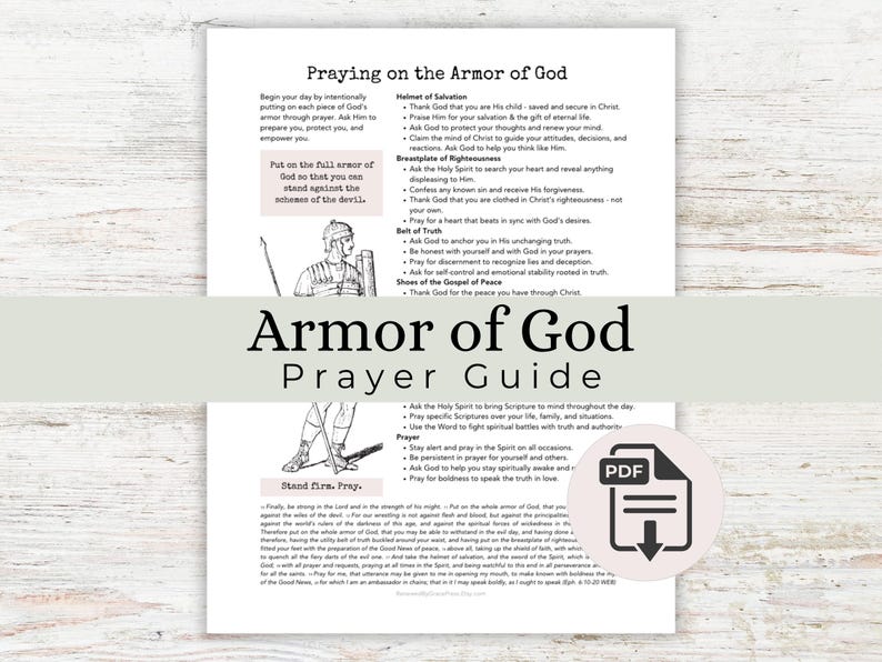 May include: A printed "Armor of God Prayer Guide" with text and illustrations. The guide includes sections on the Helmet of Salvation, Breastplate of Righteousness, Belt of Truth, and Shoes of the Gospel of Peace. A PDF icon is visible.