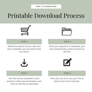 Peut inclure: Une infographie expliquant le processus de t&eacute;l&eacute;chargement imprimable. Le texte indique &laquo;&nbsp;Processus de t&eacute;l&eacute;chargement imprimable&nbsp;&raquo; avec des &eacute;tapes telles que l'ajout au panier, l'achat, l'acc&egrave;s au fichier et l'impression. Les ic&ocirc;nes incluent un panier, un dossier, une fl&egrave;che de t&eacute;l&eacute;chargement et un crayon.