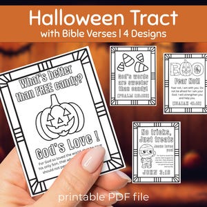 May include: Four black and white Halloween-themed printable Bible verse designs. Each design features a different image and text, including a pumpkin, candy corn, a mummy, and the words "Fear Not!"