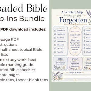 May include: A digital bundle titled Loaded Bible Tip-Ins Bundle featuring a 17-page PDF, instructions, 10 topical Bible verse lists, a study worksheet, marking guide, checklist, note pages, and tabs. Includes a Scripture Map for when you feel Forgotten.