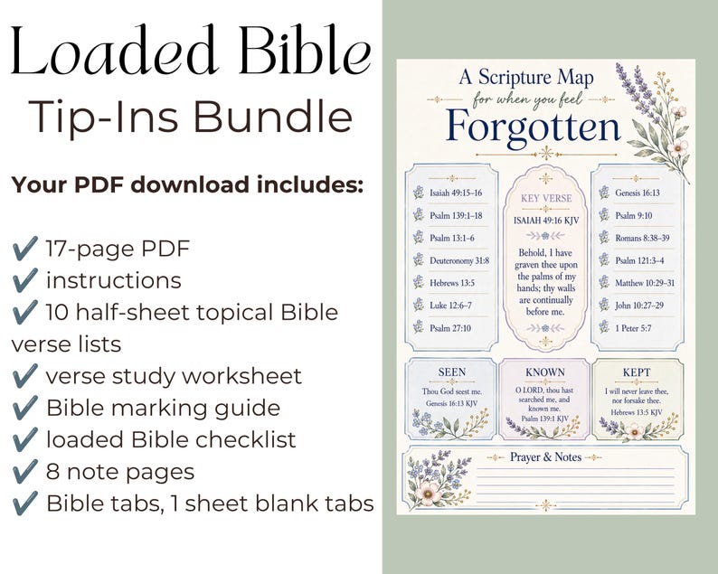 May include: A digital bundle titled Loaded Bible Tip-Ins Bundle featuring a 17-page PDF, instructions, 10 topical Bible verse lists, a study worksheet, marking guide, checklist, note pages, and tabs. Includes a Scripture Map for when you feel Forgotten.