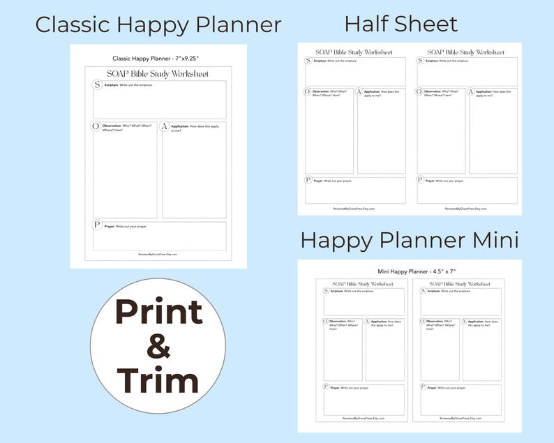 Puede incluir: Una colecci&oacute;n de hojas de trabajo blancas de estudio b&iacute;blico SOAP para Classic Happy Planner 7x9.25 pulgadas, Half Sheet y Mini Happy Planner 4.5x7 pulgadas. Cada hoja incluye secciones para Scripture, Observation, Application y Prayer. Incluye una etiqueta Print & Trim.