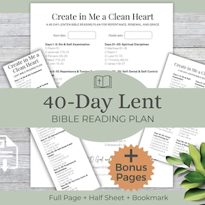Peut inclure: Un plan de lecture biblique de 40 jours pour le Carême, intitulé "Crée en moi un cœur pur". Le plan comprend des options pleine page, demi-page et signet. La conception présente une icône PDF et des pages bonus.