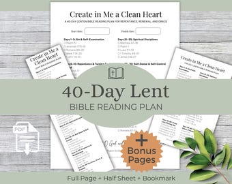 Crea in me un cuore puro – Piano di lettura biblica di 40 giorni per la Quaresima stampabile / Studio biblico quaresimale / Stampabile cristiano / Meditazione pasquale