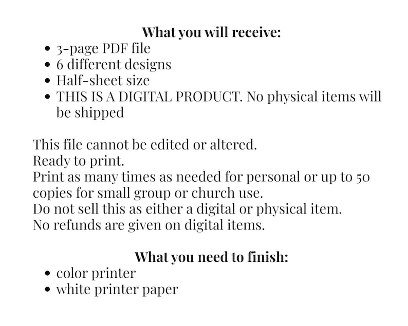 Peut inclure: Texte sur fond blanc d&eacute;crivant un produit num&eacute;rique. Il mentionne un fichier PDF de 3 pages, 6 mod&egrave;les et un format demi-feuille. Il est indiqu&eacute; qu'aucun article physique ne sera exp&eacute;di&eacute;. N&eacute;cessite une imprimante couleur et du papier blanc.