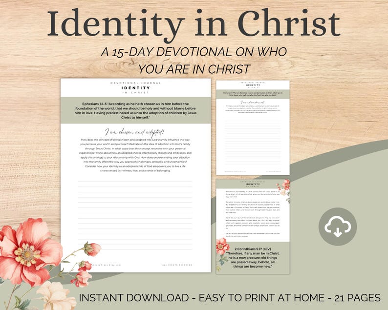 Op de afbeelding: Een digitale download getiteld "Identity in Christ", een 15-daagse devotional. Het ontwerp heeft een witte en groene lay-out met bloemaccenten. De tekst bevat bijbelverzen en prompts voor reflectie. Het product wordt geadverteerd als gemakkelijk thuis af te drukken.