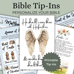 May include: A collection of printable Bible tip-ins featuring religious text and illustrations, including angel wings, floral accents, and headers like Armor of God, Fruit of the Spirit, and Psalm 23, with the central text He shall cover thee with His feathers.