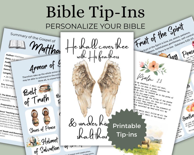 May include: A collection of printable Bible tip-ins featuring religious text and illustrations, including angel wings, floral accents, and headers like Armor of God, Fruit of the Spirit, and Psalm 23, with the central text He shall cover thee with His feathers.