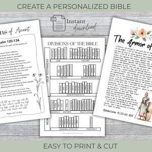 May include: Three printable pages for a personalized Bible. One page lists Psalms of Ascent 120-134, another shows a diagram of the Divisions of the Bible with book titles, and the third features The Armor of God text with a floral and warrior illustration.