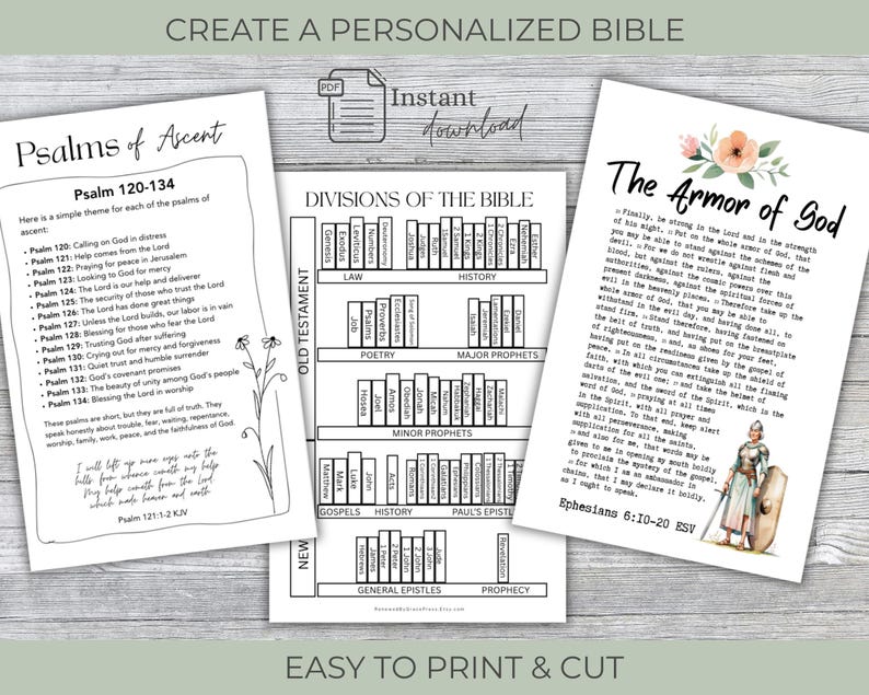 May include: Three printable pages for a personalized Bible. One page lists Psalms of Ascent 120-134, another shows a diagram of the Divisions of the Bible with book titles, and the third features The Armor of God text with a floral and warrior illustration.