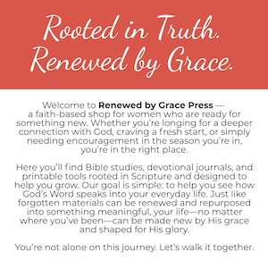 Op de afbeelding: Afbeelding met de tekst "Rooted in Truth. Renewed by Grace." in witte letters op een rode achtergrond. De tekst eronder beschrijft een geloofsgebaseerde winkel met Bijbelstudies en dagboeken.