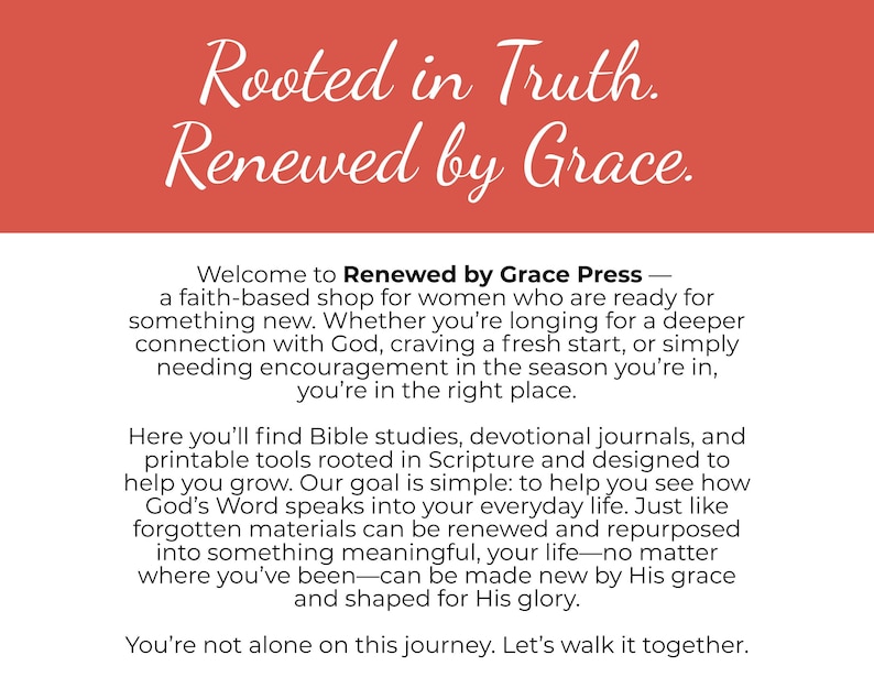 Op de afbeelding: Afbeelding met de tekst "Rooted in Truth. Renewed by Grace." in witte letters op een rode achtergrond. De tekst eronder beschrijft een geloofsgebaseerde winkel met Bijbelstudies en dagboeken.