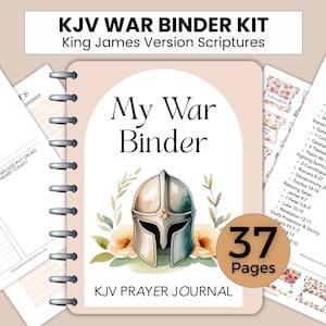 May include: A spiral-bound KJV War Binder Kit with the text "My War Binder" and "KJV Prayer Journal." The cover features a watercolour illustration of a helmet and flowers. Includes 37 pages of King James Version Scriptures.