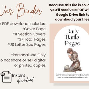 May include: Digital download of a "War Binder" with "Daily Battle Pages." The image includes a PDF icon, text about the contents, and a graphic of a person in armor praying. The download includes a cover page, section covers, and US Letter size pages.
