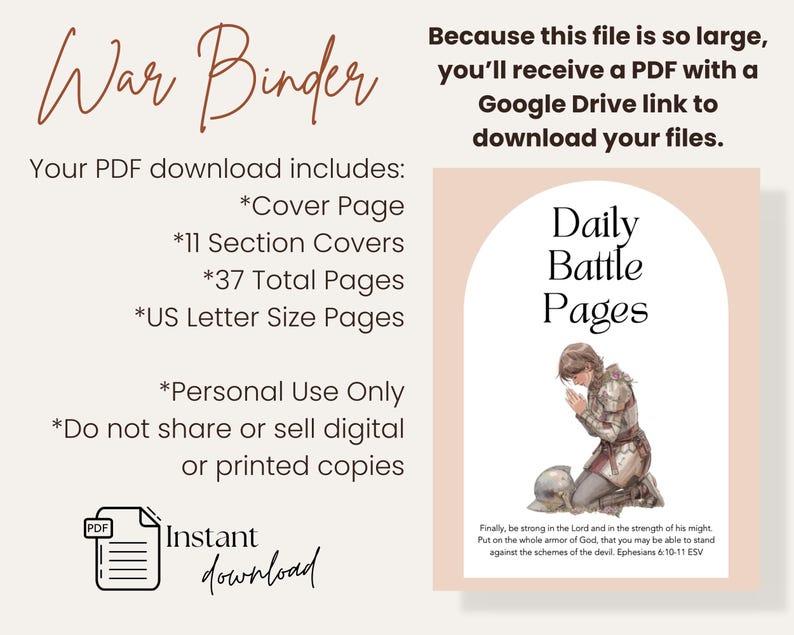 May include: Digital download of a "War Binder" with "Daily Battle Pages." The image includes a PDF icon, text about the contents, and a graphic of a person in armor praying. The download includes a cover page, section covers, and US Letter size pages.