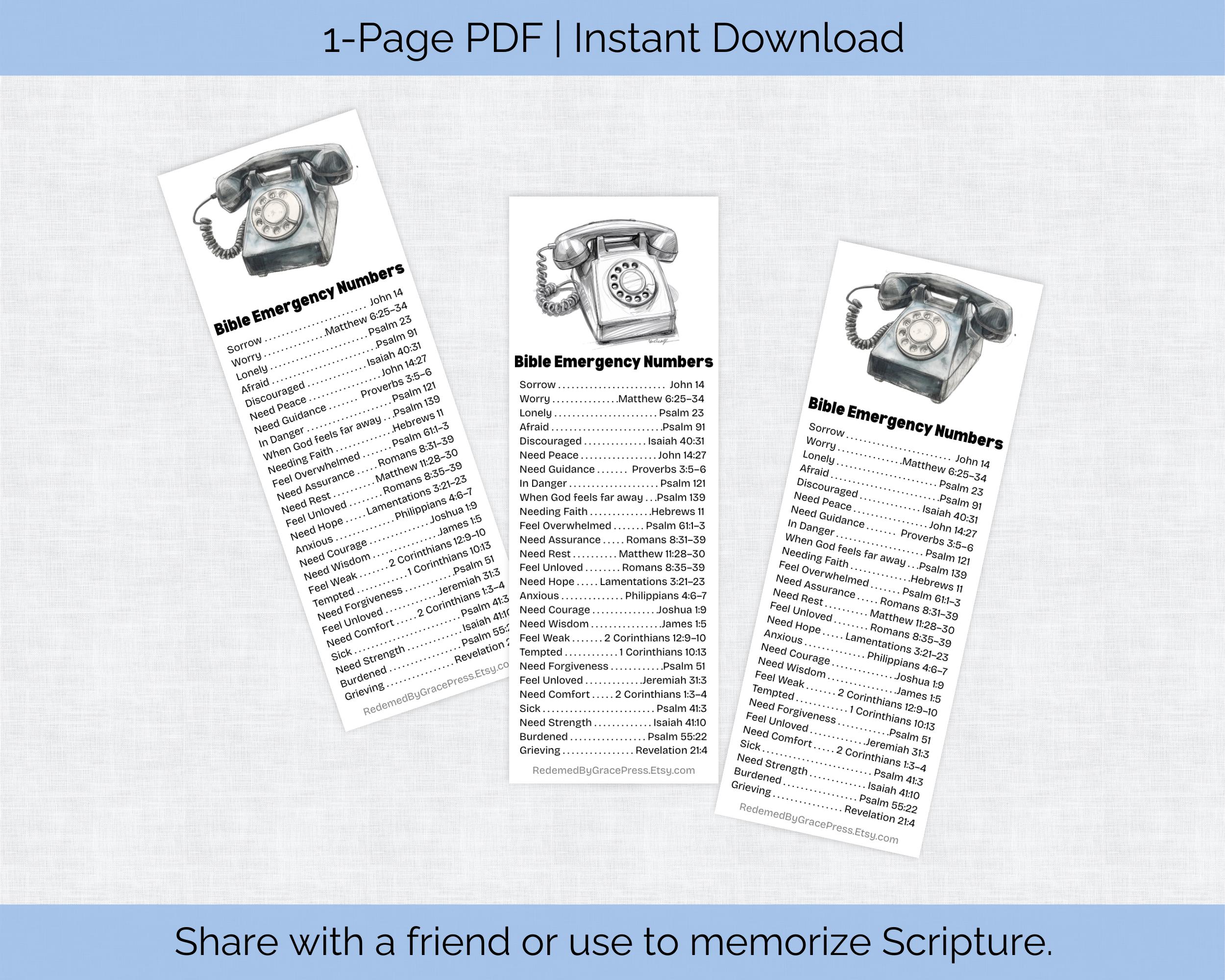 Bible Emergency Number Bookmark Set | Christian Printable Scripture ...
