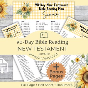 May include: A collection of printable Bible reading plans for the New Testament, featuring a yellow gingham design and sunflower accents. The plans cover June, July, and August, with options for full-page, half-sheet, and bookmark formats. Includes bonus pages.