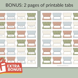 May include: Two pages of printable tabs featuring a floral pattern in muted shades of pink, blue, and green. The tabs include labels such as Anxious, Grieving, Angry, Forgotten, Wisdom, Waiting, Afraid, Repent, Weary, Hope, Adoration, Confession, Thanksgiving, Supplication, Bible Verses, and Sermon Notes, with blank spaces for customization.
