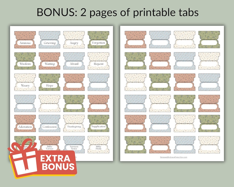 May include: Two pages of printable tabs featuring a floral pattern in muted shades of pink, blue, and green. The tabs include labels such as Anxious, Grieving, Angry, Forgotten, Wisdom, Waiting, Afraid, Repent, Weary, Hope, Adoration, Confession, Thanksgiving, Supplication, Bible Verses, and Sermon Notes, with blank spaces for customization.