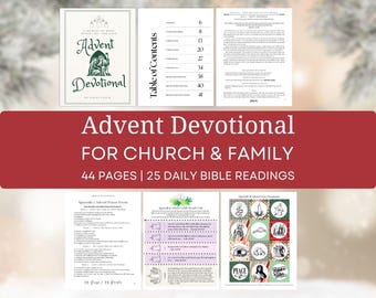May include: An Advent Devotional for Church & Family, with 44 pages and 25 daily Bible readings. The cover features the title and a graphic. The image includes a table of contents and pages with text and illustrations.