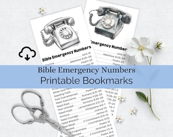 May include: Printable bookmarks featuring vintage telephone illustrations. The bookmarks are labeled "Bible Emergency Numbers" and include a list of Bible verses. The image also includes a pair of decorative scissors and white flowers.