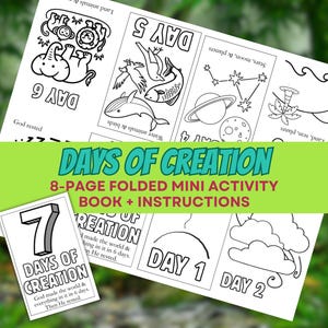 Op de afbeelding: Een zwart-wit activiteitenboek getiteld "Days of Creation" met illustraties van dieren, planeten en de dagen van de schepping. Het boek is een mini-activiteitenboek van 8 pagina's met instructies.