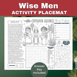 Puede incluir: Mantel individual de actividades en blanco y negro con el texto "Wise Men Activity Placemat". El diseño incluye ilustraciones de los Reyes Magos, una búsqueda de palabras, un laberinto y el texto "Answer Key Included".