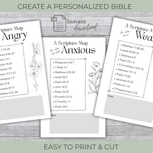 Peut inclure: Trois cartes de versets bibliques imprimables sur papier blanc avec des illustrations florales. Les cartes sont intitul&eacute;es "Angry", "Anxious" et "Weary", chacune &eacute;num&eacute;rant des versets bibliques. La phrase "Create a Personalized Bible" est en haut, avec "Easy to Print & Cut" en bas.