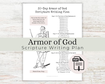 Piano di scrittura delle Scritture Armatura di Dio di 30 giorni, Piano di lettura biblica Armatura di Dio, Piano di lettura biblica stampabile, Diario di studio biblico Guerra biblica