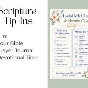 May include: A printed guide titled Scripture Tip-Ins and Loaded Bible Checklist & Marking Guide. It features floral illustrations, a checklist for building a scripture map, and a legend for marking text with highlights, underlines, circles, and stars.