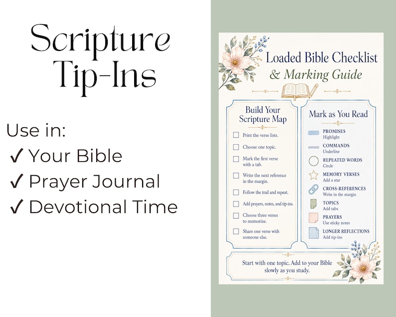 May include: A printed guide titled Scripture Tip-Ins and Loaded Bible Checklist & Marking Guide. It features floral illustrations, a checklist for building a scripture map, and a legend for marking text with highlights, underlines, circles, and stars.