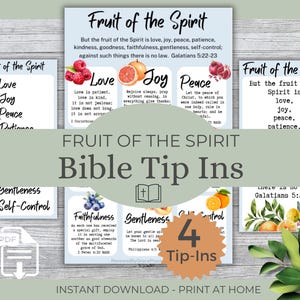 May include: A collection of printable Bible Tip-Ins featuring the "Fruit of the Spirit." Each card displays a fruit illustration with related virtues like love, joy, and peace. The cards are designed for instant download and print at home.