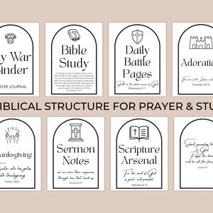 May include: Eight white rectangular cards with black arched borders and text. The cards feature titles like My War Binder, Bible Study, Daily Battle Pages, Adoration, Thanksgiving, Sermon Notes, and Scripture Arsenal, with various icons and verses.