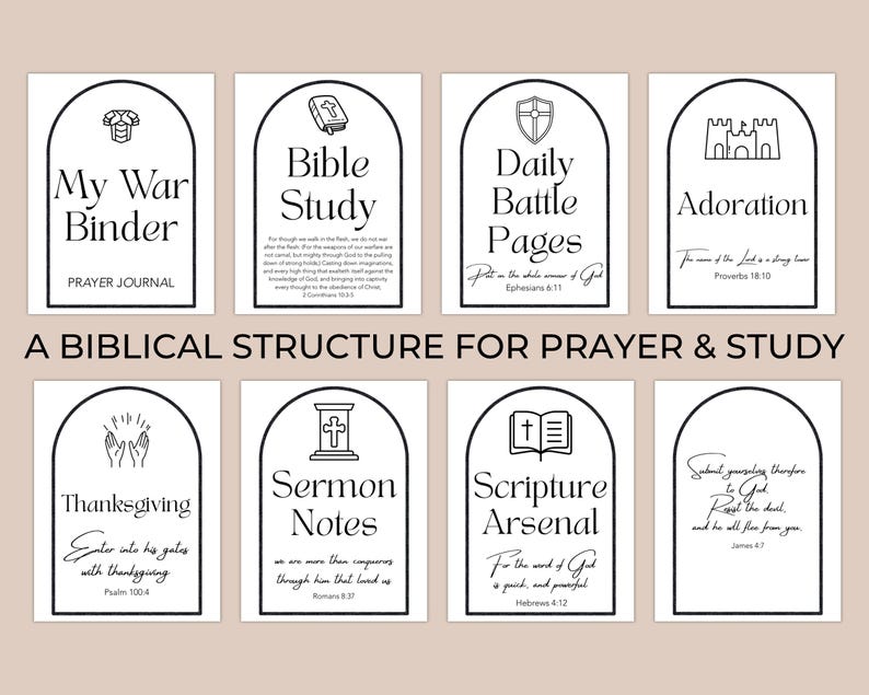 May include: Eight white rectangular cards with black arched borders and text. The cards feature titles like My War Binder, Bible Study, Daily Battle Pages, Adoration, Thanksgiving, Sermon Notes, and Scripture Arsenal, with various icons and verses.