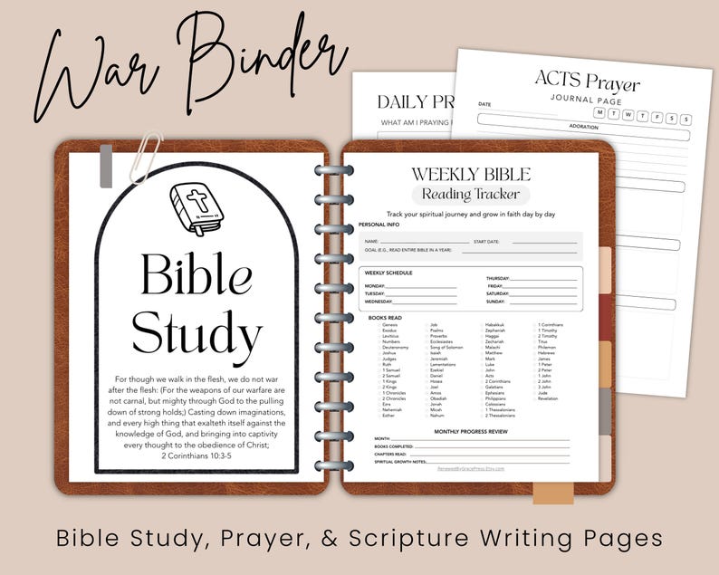 May include: A brown leather-textured binder open to reveal pages titled Bible Study and Weekly Bible Reading Tracker. The pages feature black text, a cross icon, and lists of books of the Bible. Additional loose pages titled Acts Prayer and Daily Prayer are visible.